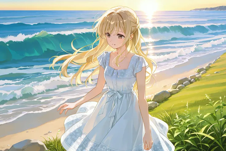 blonde girl with light golden hair, developing in the wind, Dark brown eyes , short white sundress with Slavic patterns, reaches out to the sun, all in the sunlight, field, herbs, a magical wonderful start to the day, spring, sea, stones, Waves