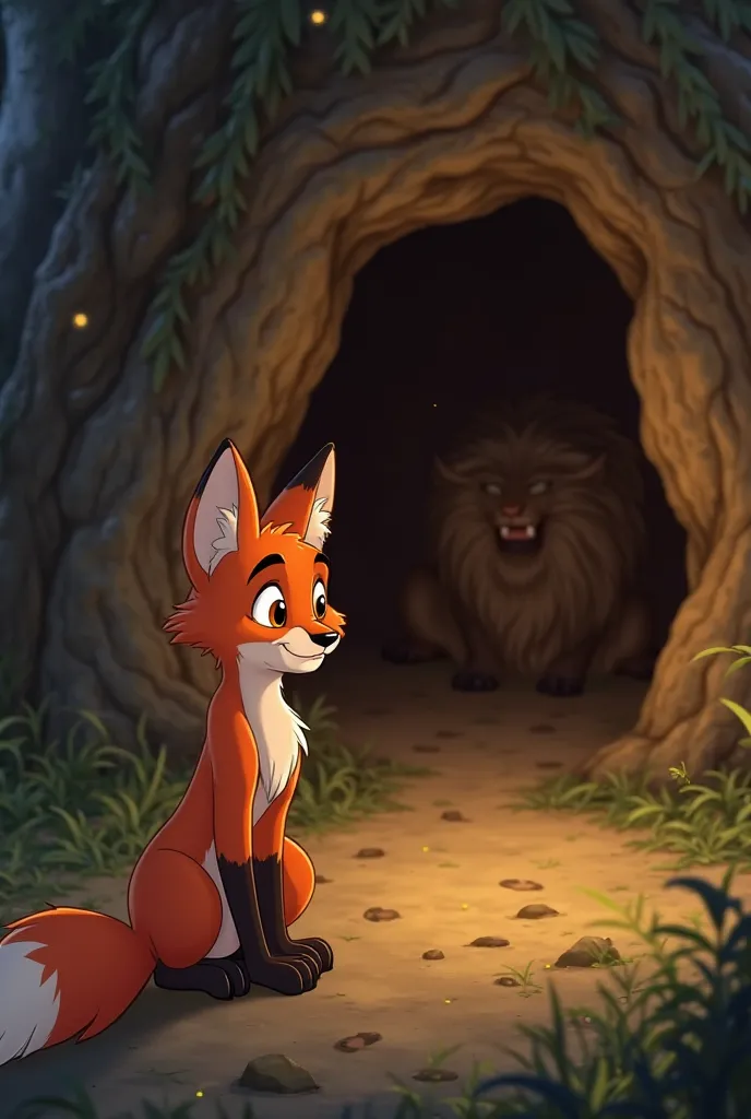 A clever fox standing outside the lion’s cave, observing the ground carefully. She notices footprints going into the cave but none coming out. Her eyes are sharp, and she looks thoughtful, realizing the danger."animated image