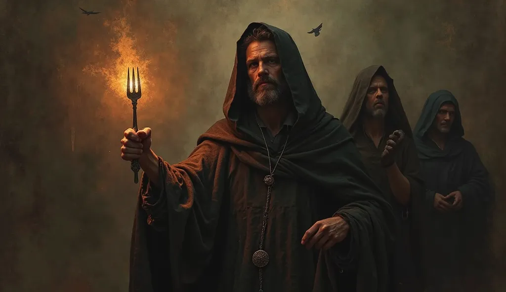  tr: "An image in the style of a dark and dramatic painting: A priest from the Middle Ages, holding a fork like a forbidden object, there is an ominous glow around. In the back is the priests whispering."