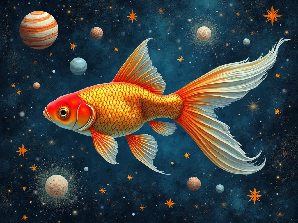 Happy birthday card to a woman born on March 6th. The postcard should have a voiletail goldfish. space. There are stars, planets, the Milky Way, and the constellation pisces all around. Realistic photo, detailed. the mystery. fantasy.