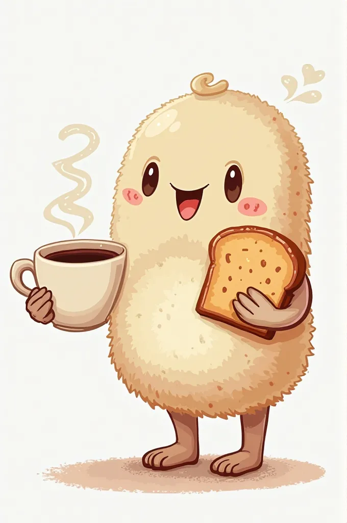 new character, fun, cute, one hand coffee ane hand bread, simple cute cartoon, iustration, black and white, vector, soft lighting, no background