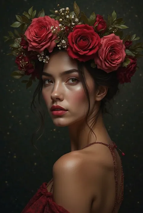 Tanning skin，The Bulgarian rose crown symbolizes luxury and wealth。The expression has a bit of mystery。The background has a dark theme