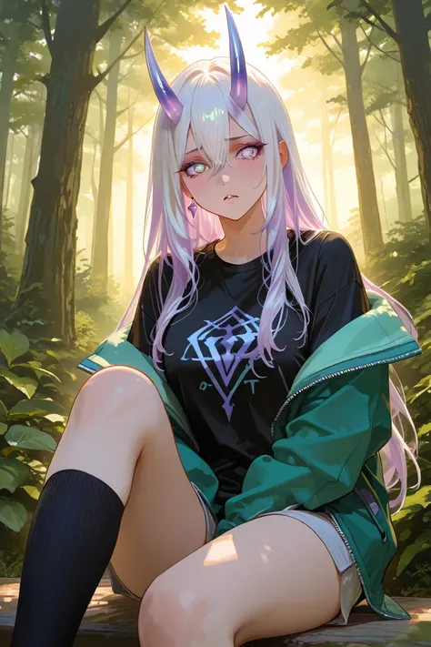 masterpiece, Adult demon girl,  short white hair , purple eye diamond, little purple horn, t-shirt, open green jacket, black long socks, forest, full body, confused,  beautiful eyes , stand
