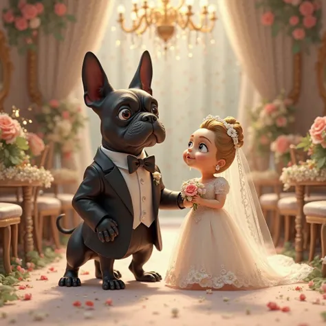 Un staffie noir portant un smoking a ces côté un petit biscuit en robe de mariée et en arrière-plan un décor de mariage 