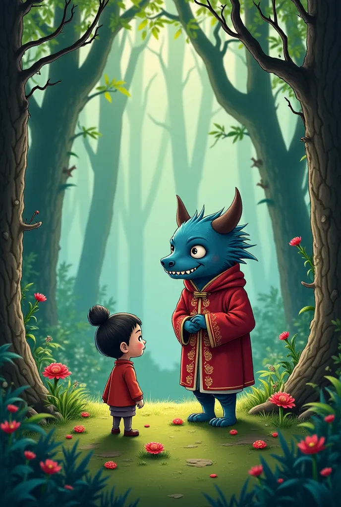 Create a comic scene set in a whimsical forest where a curious character encounters a mysterious, cute spirit. The spirit, dressed in traditional attire, greets the character, but a lurking creature with a sinister grin interrupts. The scene escalates as t...