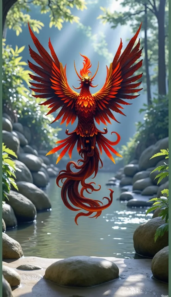 Flaming red phoenix in the forest