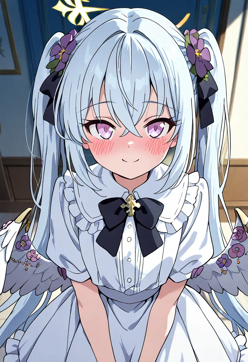  blue_archive azusa_(blue_archive) commentary highres 1girl alternate_costume alternate_hairstyle black_bow black_bowtie blush bow bowtie crossed_bangs dress feathered_wings hair_between_eyes halo long_hair looking_at_viewer low_wings open_mouth purple_eye...