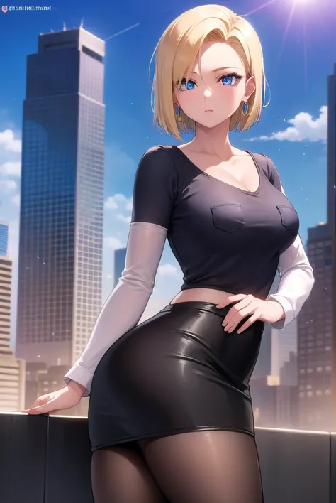 android18, android 18, blonde hair, blue eyes, eyelashes, hoop earrings, short hair, earrings,
BREAK, brown pantyhose, black shirt, breast pocket, cleavage, collarbone, black leather skirt, high-waist skirt, jewelry, long sleeves, pocket, shirt, crop shirt...