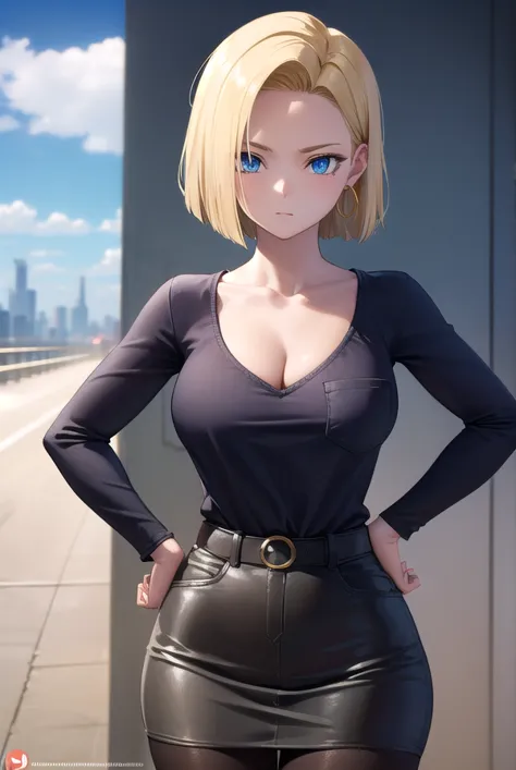 android18, android 18, blonde hair, blue eyes, eyelashes, hoop earrings, short hair, earrings,
BREAK, brown pantyhose, black shirt, breast pocket, cleavage, collarbone, black leather skirt, high-waist skirt, jewelry, long sleeves, pocket, shirt, crop shirt...