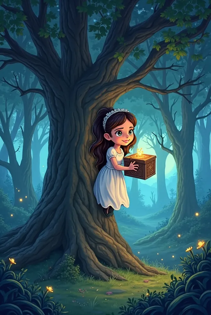  ."At night, Lena" The little princess with the wide eyes and the white dress hid in a high tree with the box. A wide scene inside the magical forest is not real. Cartoon.