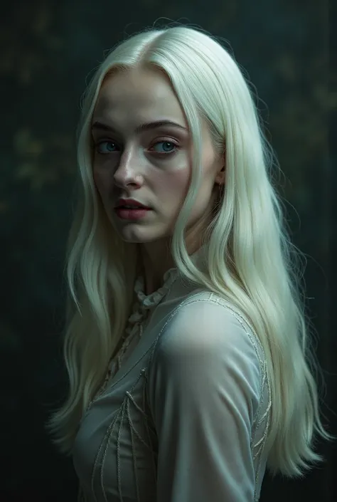 Sophie Turner as a Miskatonic University Student. 1 Girl. Cryptic Transfer Student. Pale and ethereal, with stark white hair and eyes that almost seem to glow in the dark. She dresses in flowing, old-fashioned clothing that seems out of time. Soft-spoken a...