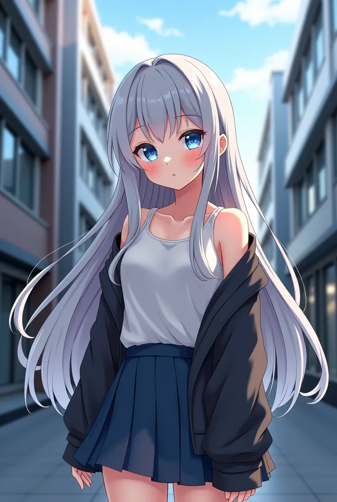 anime girl with long gray hair and blue eyes standing in front of a building, realistic anime 3 d style, attractive anime girl, realistic young anime girl, anime visual of a cute girl, cute anime girl, young anime girl, pretty anime girl, beautiful anime g...