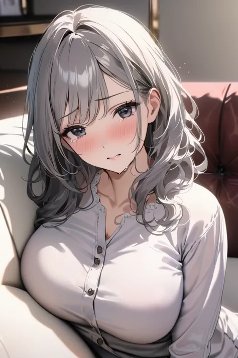 top quality, masterpiece, Hi-Res, 8k, (1 girl), Alone, sexy, (bust shot), Married Woman in Casual Clothes), Black wavy hair, Mature Woman, (((sad expression))), living room, (((Cry and reflect))), (((lie down and hug yourself))), Beautiful breasts,  dark e...