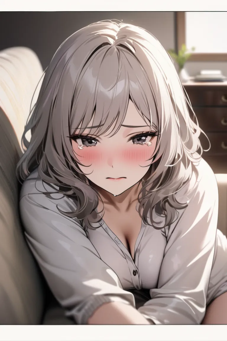 top quality, masterpiece, Hi-Res, 8k, (1 girl), Alone, sexy, (bust shot), Married Woman in Casual Clothes), Black wavy hair, Mature Woman, (((sad expression))), living room, (((Cry and reflect))), (((lie down and hug yourself))), Beautiful breasts,  dark e...