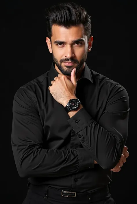 "A strikingly handsome man with a well-groomed beard and sharp facial features, wearing a stylish black outfit. He is posed confidently with his chin resting on his hand, showcasing a modern black wristwatch. His eyes have an intense gaze, directed straigh...