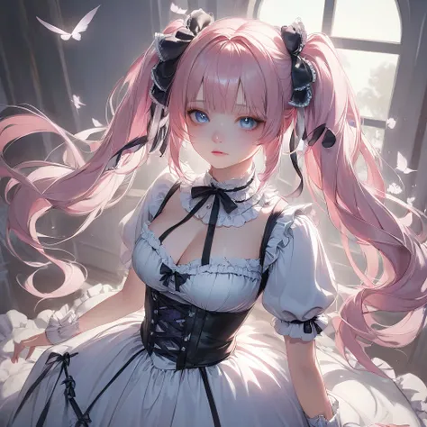 1 Girl, Blue Eyes, Gothic Lolita, Light Pink Hair, Twin Tails, Hair with Ribbons, Large Breasts, Simple Background