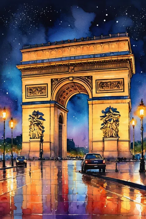  watercolor、Paris、evening、Arc de Triomphe、creative illustration with night view