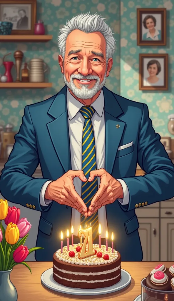 Comicstyle, A friendly ca. 60-year-old man standing behind a table in a kitchen. He has developed his hands into a heart. he has gray hair , blue-gray eyes, shaved and wearing a blue suit with a blue and yellow striped tie. In front of him is a delicious b...