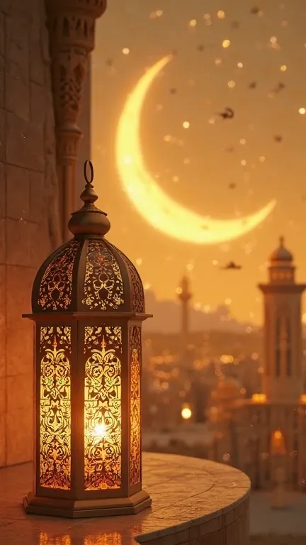 A Ramadan big lantern at the right of the picture and a crescent moon at the left , high quality and details in a yellow theme with high quality Ramadan items in the background 