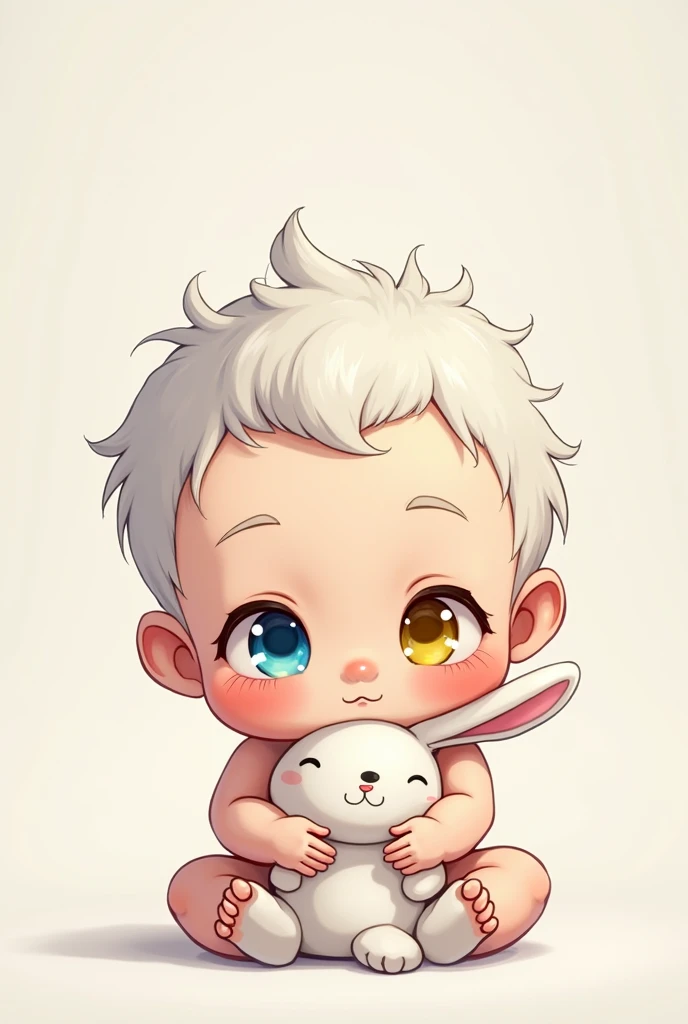 Male baby anime picture with white hair doing inflatable cheek goo face, yellow right eye, blue left eye, hugging rabbit doll