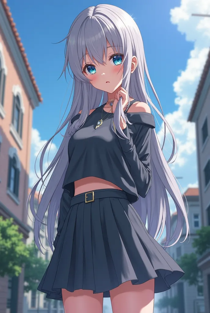 anime girl with long gray hair and blue eyes standing in front of a building, realistic anime 3 d style, attractive anime girl, realistic young anime girl, anime visual of a cute girl, cute anime girl, young anime girl, pretty anime girl, beautiful anime g...