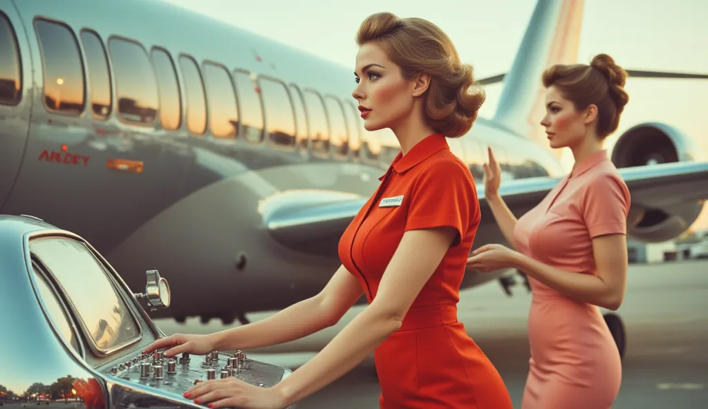 A stylish futuristic airline ground crew member in a 1950s-inspired jumpsuit, adjusting sleek chrome control panels on the tarmac. Behind her, an elegant stewardess waves passengers toward a waiting, retro-futuristic aircraft with massive panoramic windows...