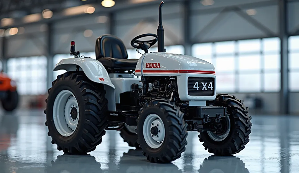 "
"A high-quality, realistic Honda 4x4 mini tractor, viewed from the left side, displayed in a modern showroom with bright ambient lighting. The tractor is sleek white with black and red branding accents. It features large, rugged tires with deep treads, a...