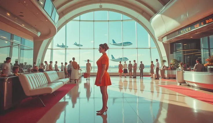 Inside a massive retro-futuristic airport, passengers walk past glossy, curving walls and neon flight boards. A beautiful airline concierge in a chrome-trimmed uniform and retro cat-eye glasses assists a VIP traveler. Flying taxis and sleek aircraft can be...