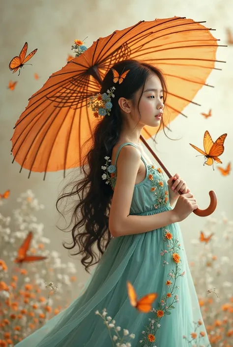 "A photorealistic, surreal, and award-winning portrait of a young, beautiful girl with long, flowing dark hair, wearing a delicate, teal dress adorned with intricate floral patterns and vines, holding an elegant orange parasol decorated with blue flowers, ...