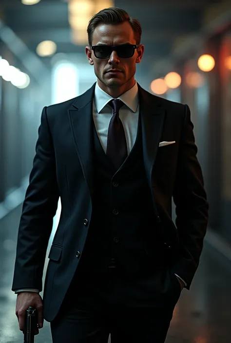 A man is like a molina with sunglasses with a gun in his hand and a bag of money in his other hand in a James Bond suit