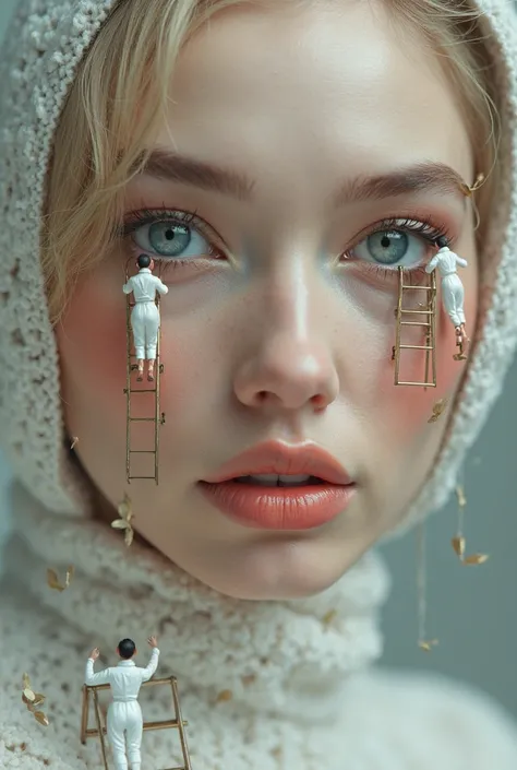 a surreal and hyper-realistic digital artwork of a woman's face being meticulously worked on by tiny miniature workers. The workers, dressed in white uniforms, use ladders and small brushes to apply makeup to her eyes and cheeks. The woman's face is flawle...