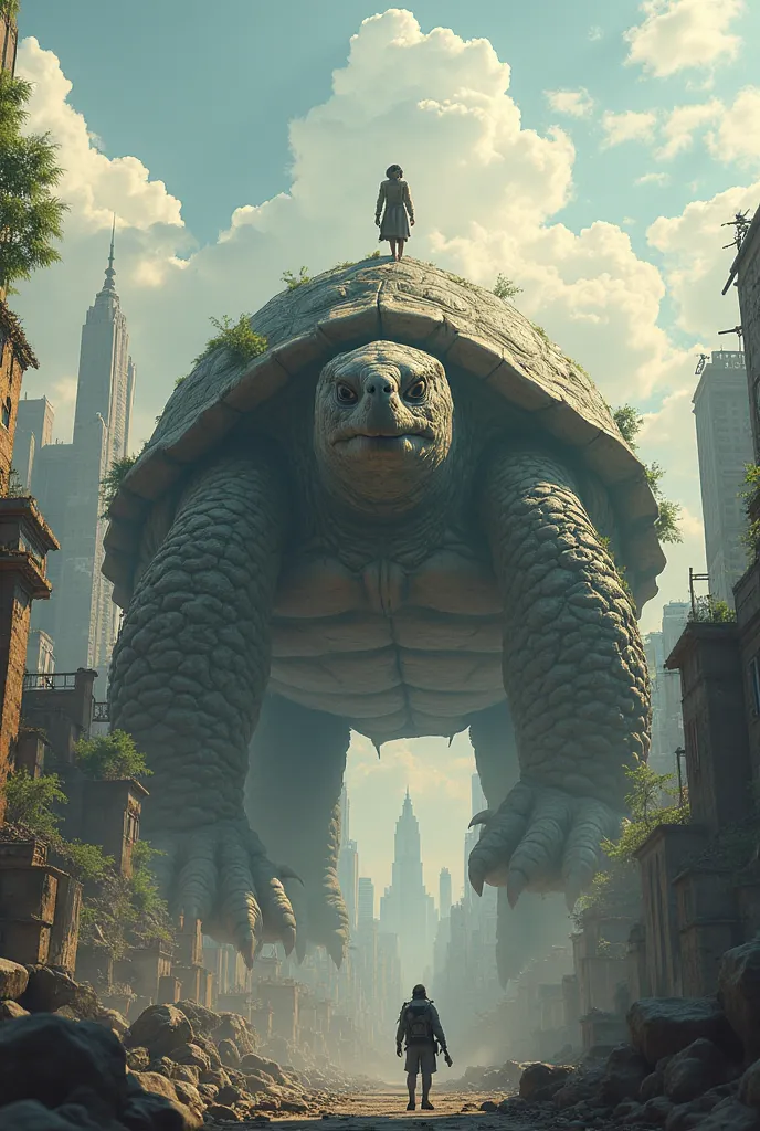 Giant turtle arriving in the city with a person on top of its shell 