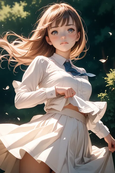 girls　Beautiful Girl　 Long Straight Hair 　anime　lift up the skirt　underwear visible in strong winds　embarrassed face　illustrations　Young girl　Oblique angle