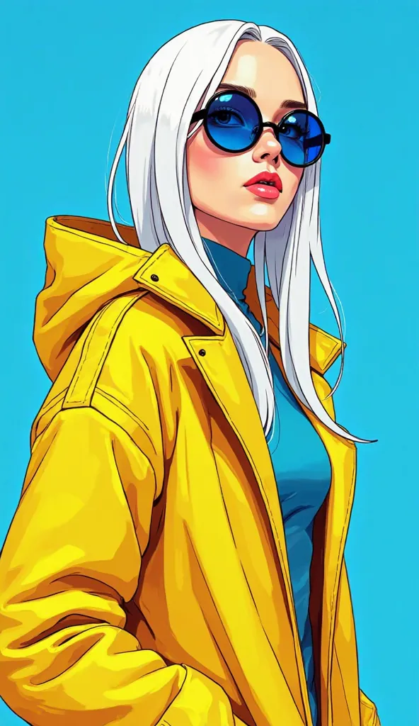 A stylish anime-style woman with long, sleek white hair, wearing round blue sunglasses and a vibrant oversized yellow jacket. The background is a solid bold blue color, creating a striking contrast. The illustration has a clean, sharp, and minimalistic aes...