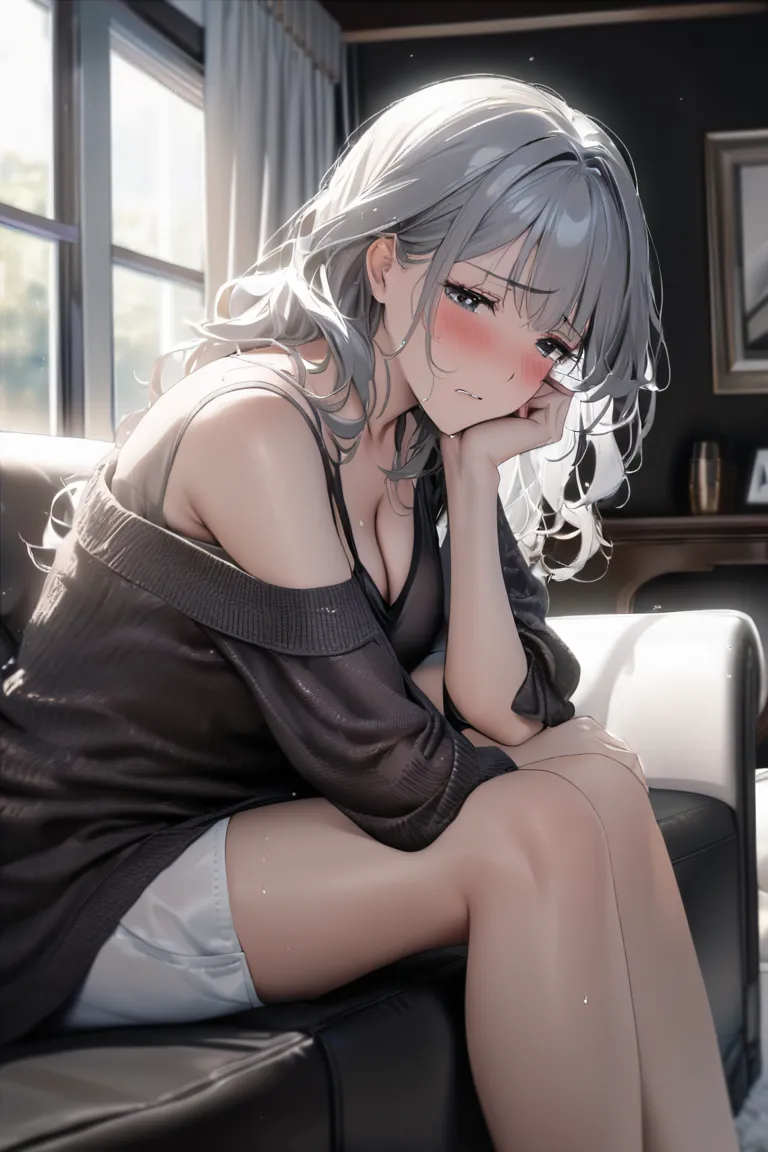 top quality, masterpiece, Hi-Res, 8k, (1 girl), Alone, sexy, (bust shot), Married Woman in Casual Clothes), Black wavy hair, Mature Woman, (((sad expression))), living room, (((Cry, reflect, and apologize))), (((lie down and hug yourself))), Beautiful brea...