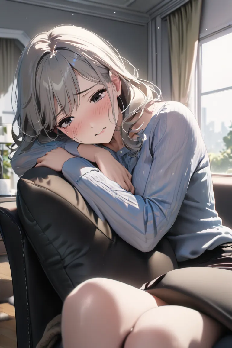 top quality, masterpiece, Hi-Res, 8k, (1 girl), Alone, sexy, (bust shot), Married Woman in Casual Clothes), Black wavy hair, Mature Woman, (((sad expression))), living room, (((Cry, reflect, and apologize))), (((Lie Down and Hug Herself))), Beautiful breas...