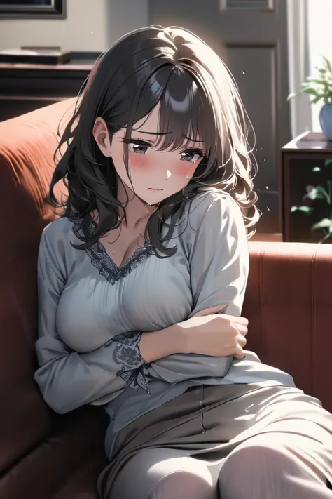 top quality, masterpiece, Hi-Res, 8k, (1 girl), Alone, sexy, (bust shot), Married Woman in Casual Clothes), Black wavy hair, Mature Woman, (((sad expression))), living room, (((Cry, reflect, and apologize))), (((lie down and hug yourself))), Beautiful brea...