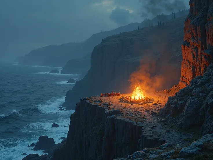 On the edge of the sea cliffs ，There are a bunch of bonfires