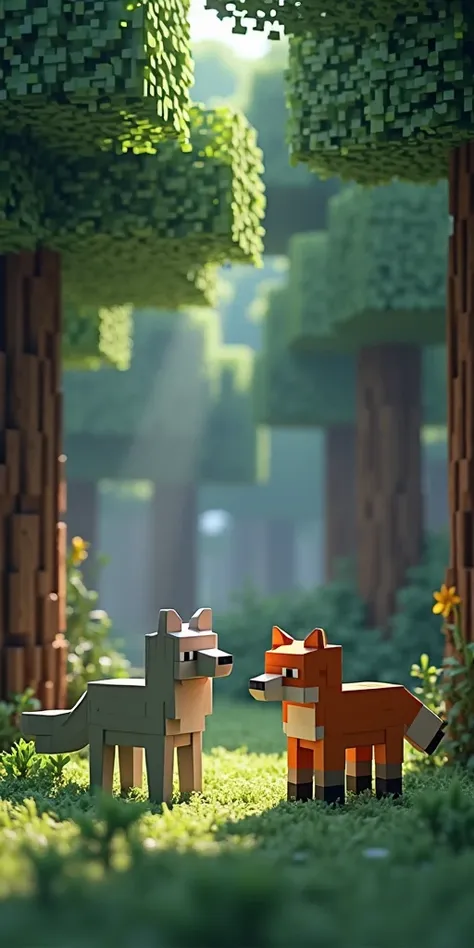 A vertical Minecraft image with a dense forest background. Highlight the blocky style of Minecraft’s native forest animals like wolves and foxes. Use a subtle, dark outline to make these creatures stand out against the green foliage. The background should ...