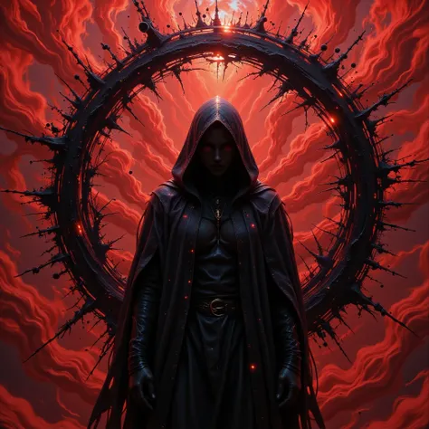 horror film style the image portrays a dark and enigmatic figure, clad in a long cloak that obscures their identity. the figure is situated within a circular motif composed of splattered black ink, reminiscent of an ethereal halo or aura surrounding them. ...