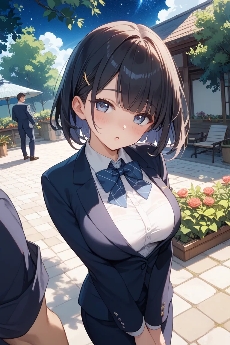 high image quality、Hi-Res、 1girl 、1boy 、starry sky、 beer garden、long black hair、 forward bending:4、angle from above:7、Woman waking up in a hurry:5、head tilt:5、blush:1.7、Thick arms、medium breasts、 black business suit、 arm roll up:5、steam、Night Sky:5、breast ...