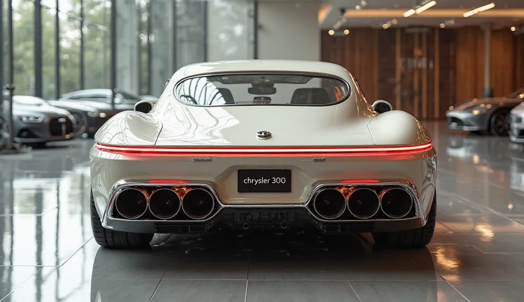 A realistic, high-quality image of a modern sports car seen from the back , resembling a 1960 chrysler 300. The car is off white with glossy paint and a sleek, aerodynamic design. It has four large, round exhaust pipes and a wide, continuous red LED tailli...