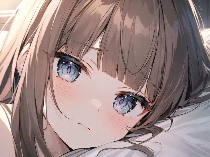dark background、blunt bangs、chest length hair、whitish ash brown colored hair、blue dark eyes 、looking here、cut、 lying on the bed、Tehepero、embarrassing