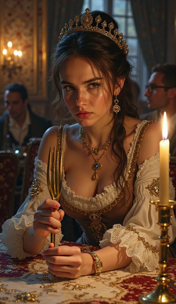  "A noblewoman, secretly holds a golden fork under the table while dining in a dimly lit medieval banquet hall. has an anxious expression on her face."