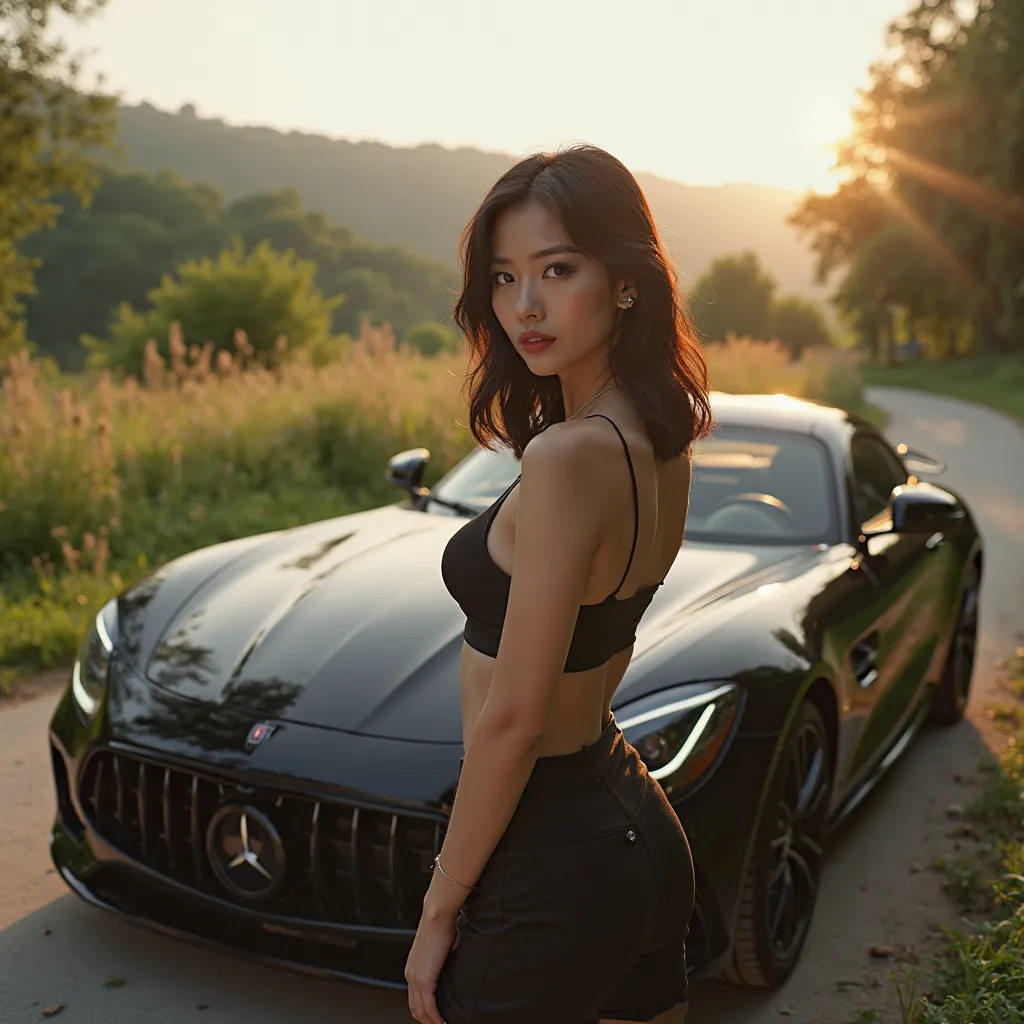 Outdoors, a sexy and beautiful Korean woman with shoulder-length hair, with a black sports car behind her.