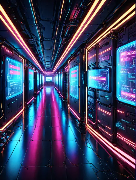 landscape, landscape only, future, cyberpunk world, room, server room, monitor, neon hologram monitor, neon lights, cyber board