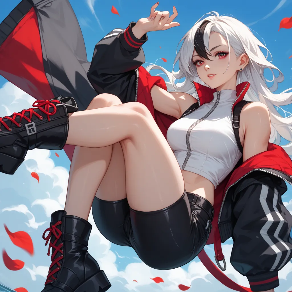 A young tall woman with long white hair, her left eye is red and her right eye is gray. She has athletic build. She is wearing black unzipped jacket with white trims and highlights, a white Sleeveless Croptop Shirt with black edges, black shorts and black ...