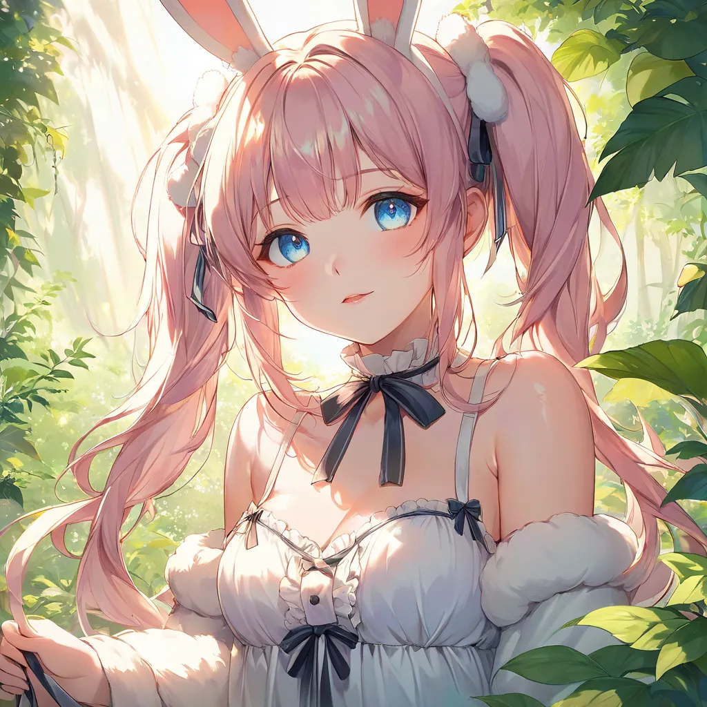 One woman, blue eyes, light pink hair, twin tails, fluffy bunny girl with ribbons in her hair, slightly larger breasts 