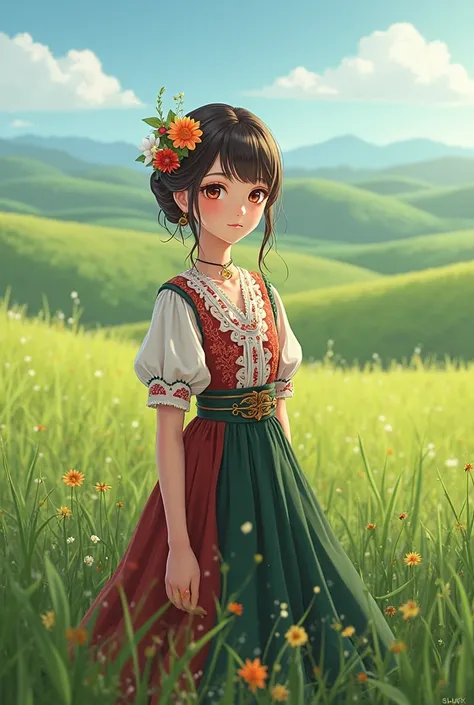 Anime character on a green field dressed in a traditional bulgarian folk dress