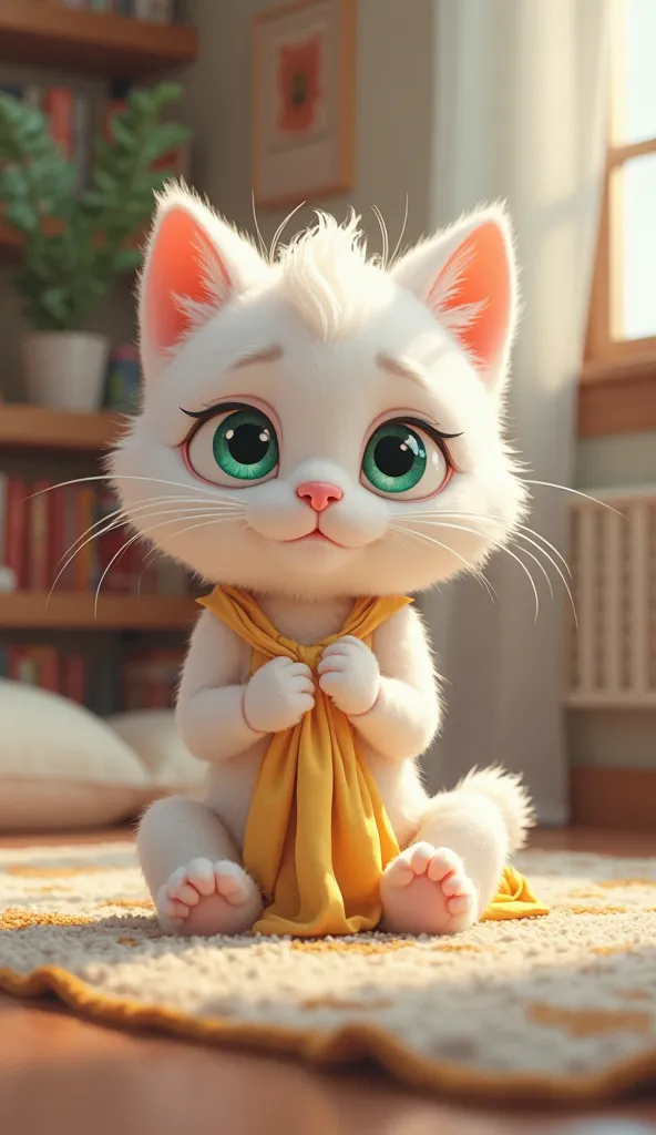 Character Detailing (Consistent Across All Stages):
Lucy (Kitten):
Appearance: A tiny white kitten (about 8 inches tall), soft and fluffy like cotton candy, with sparkling emerald-green eyes, a pink nose, and delicate whiskers.
Expression: Her green eyes g...